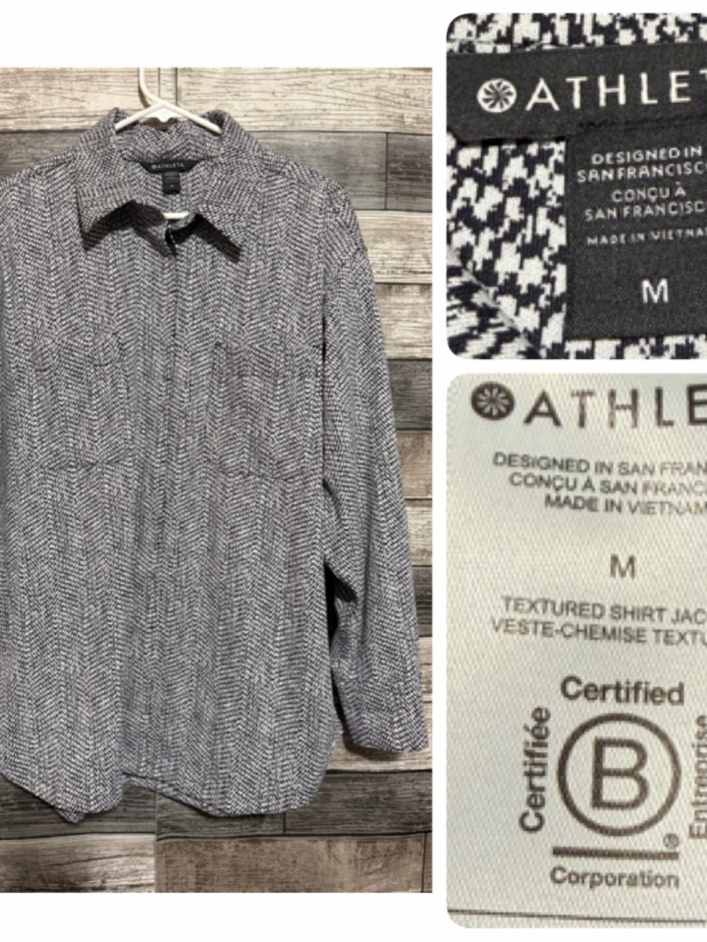 Athleta Textured Shirt Jacket Women’s M Black White No Show Buttons Relaxed